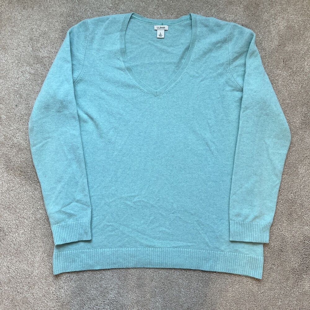 LL Bean Cashmere Sweater Womens Large Green V-neck Classic Fit Preppy Luxury